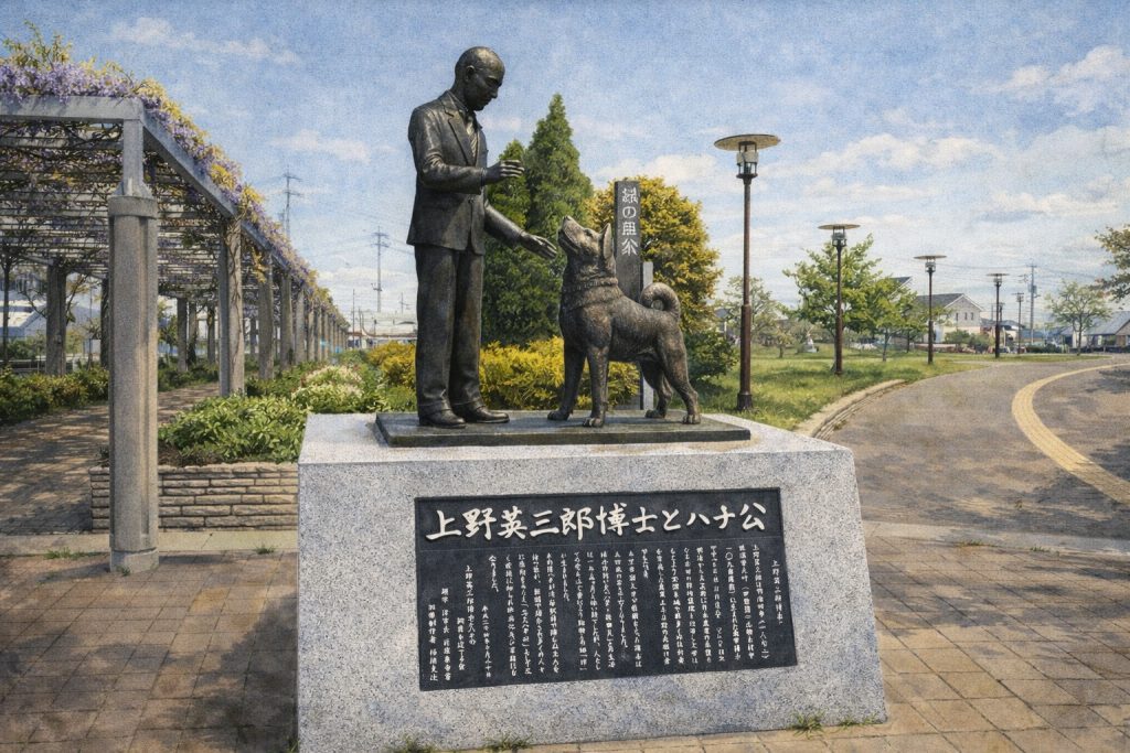 Estatua de Hachikō y Hidesaburō Ueno en Tsu (上野英三郎博士とハチ公像)