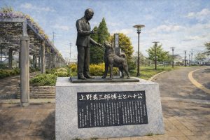 Estatua de Hachikō y Hidesaburō Ueno en Tsu (上野英三郎博士とハチ公像)